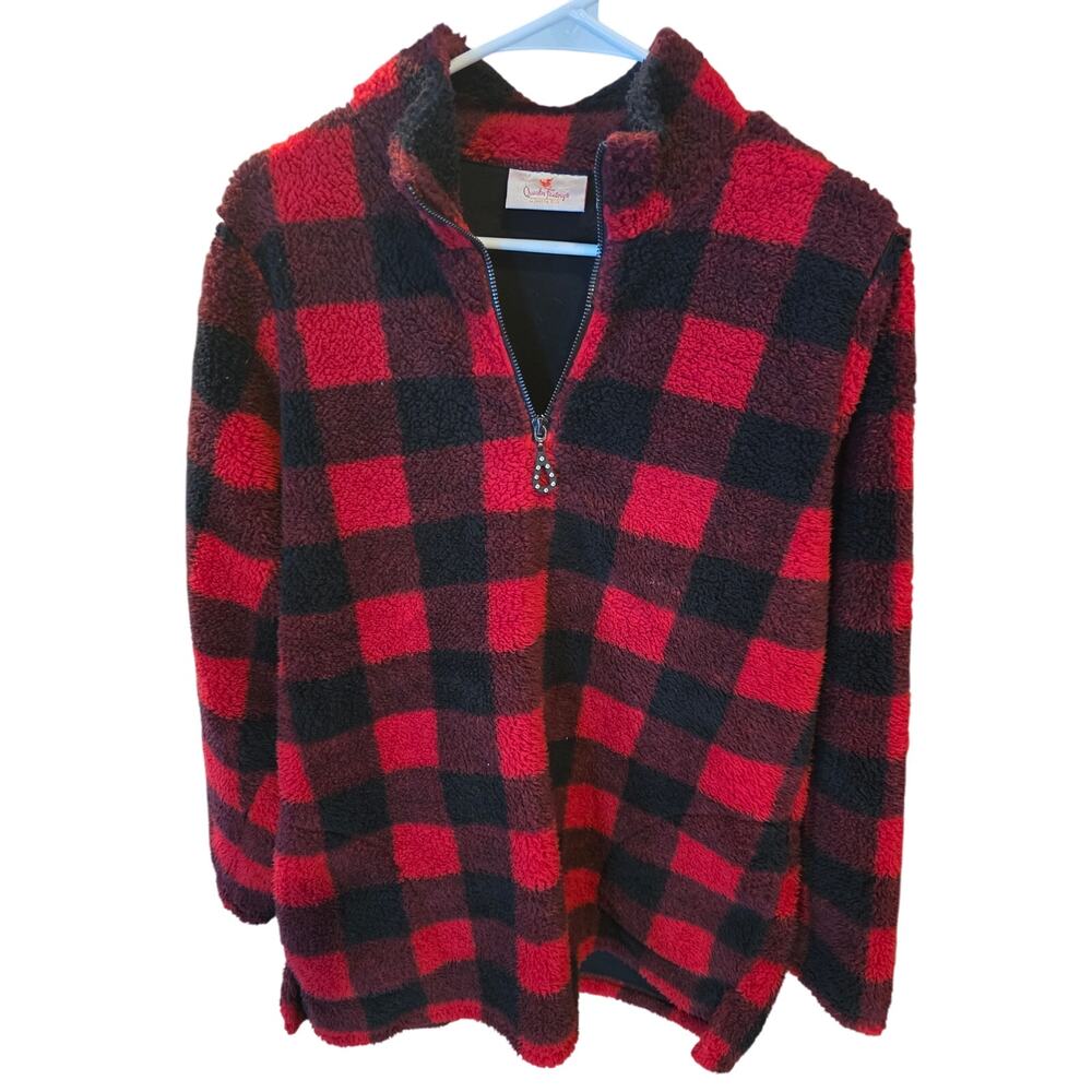 Quacker Factory Fleece Sweatshirt S Womens Pullover Soft Cozy Red Black Warm